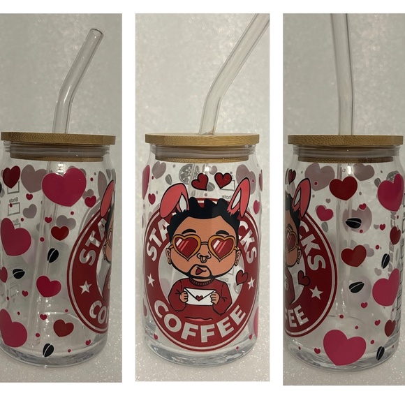 Bad Bunny Inspired Starbucks Coffee Glass Libby Cup w/ Lid and Glass Straw- 16oz - Picture 1 of 5